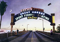 Painting of Santa Monica Pier in the evening with hanglider